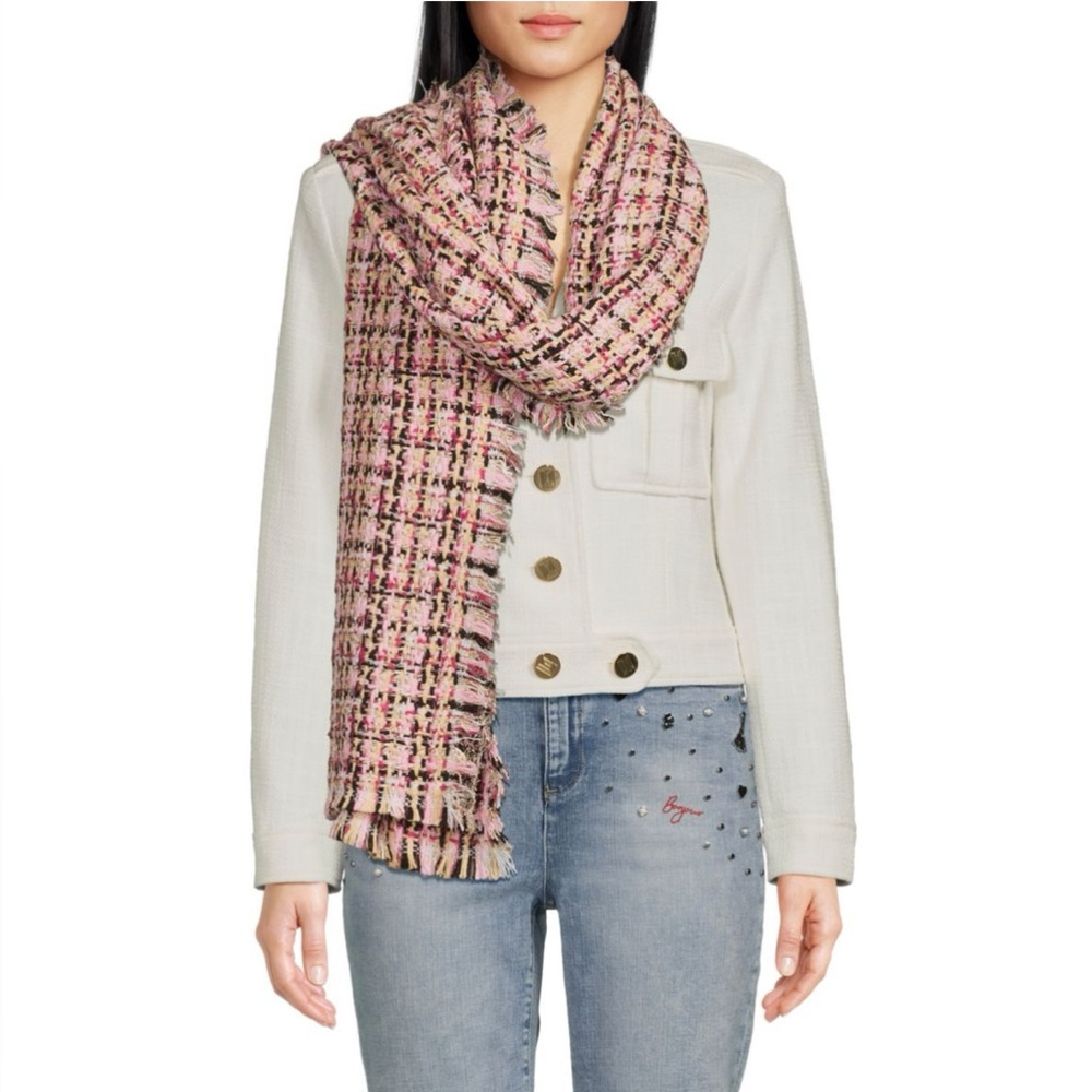 NWT Karl Lagerfeld Tweed Fringe Scarf - Pink